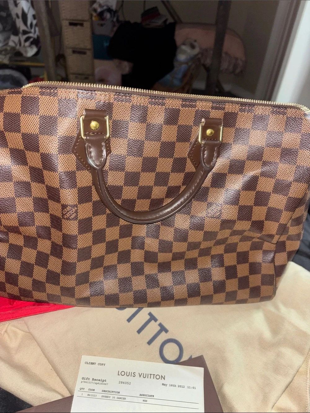 Louis Vuitton Damier Ebene Speedy 35 Satchel with Red Interior